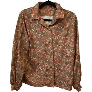 Button Up Blouse Multicolor‎ Floral Print Womens Long Handmade Vintage L